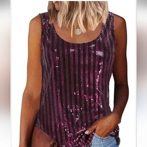 MLEBR Sequin Scoop Neck Sparkle Shimmer Stripped  Sleeveless Summer Tank Top  L